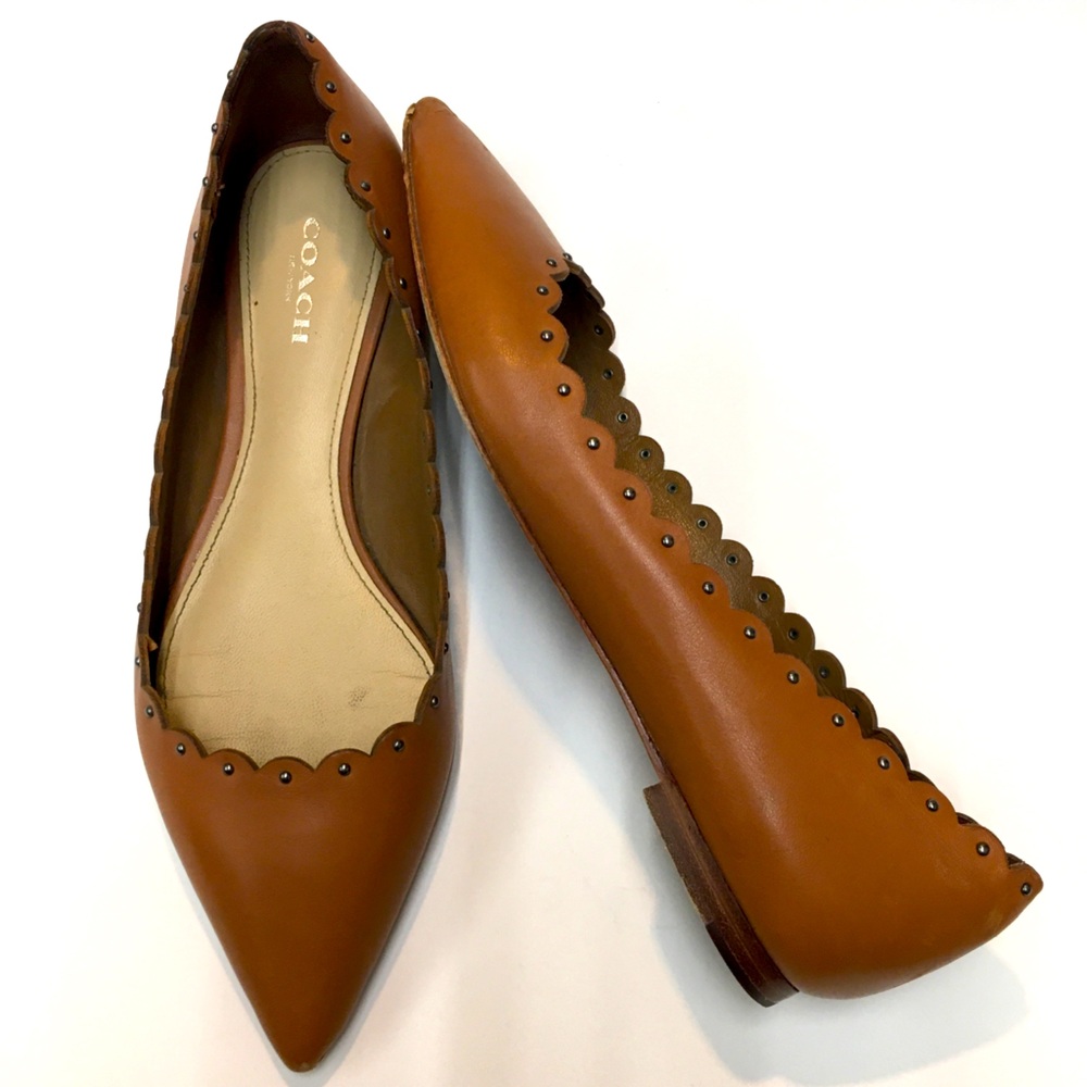 Coach Leather Tointy Toe Stud Slip On  Flats 7.5 Brown Classic Business Casual